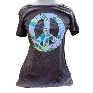 O’NEILL short sleeve brown peace sign cotton shirt womens size large